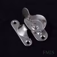 Metal sash fastener on black background.
