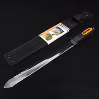 Insulation knife with sheath on black background.
