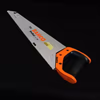Insulation saw with orange handle on black background.