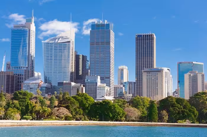 Sydney skyline with skyscrapers and trees